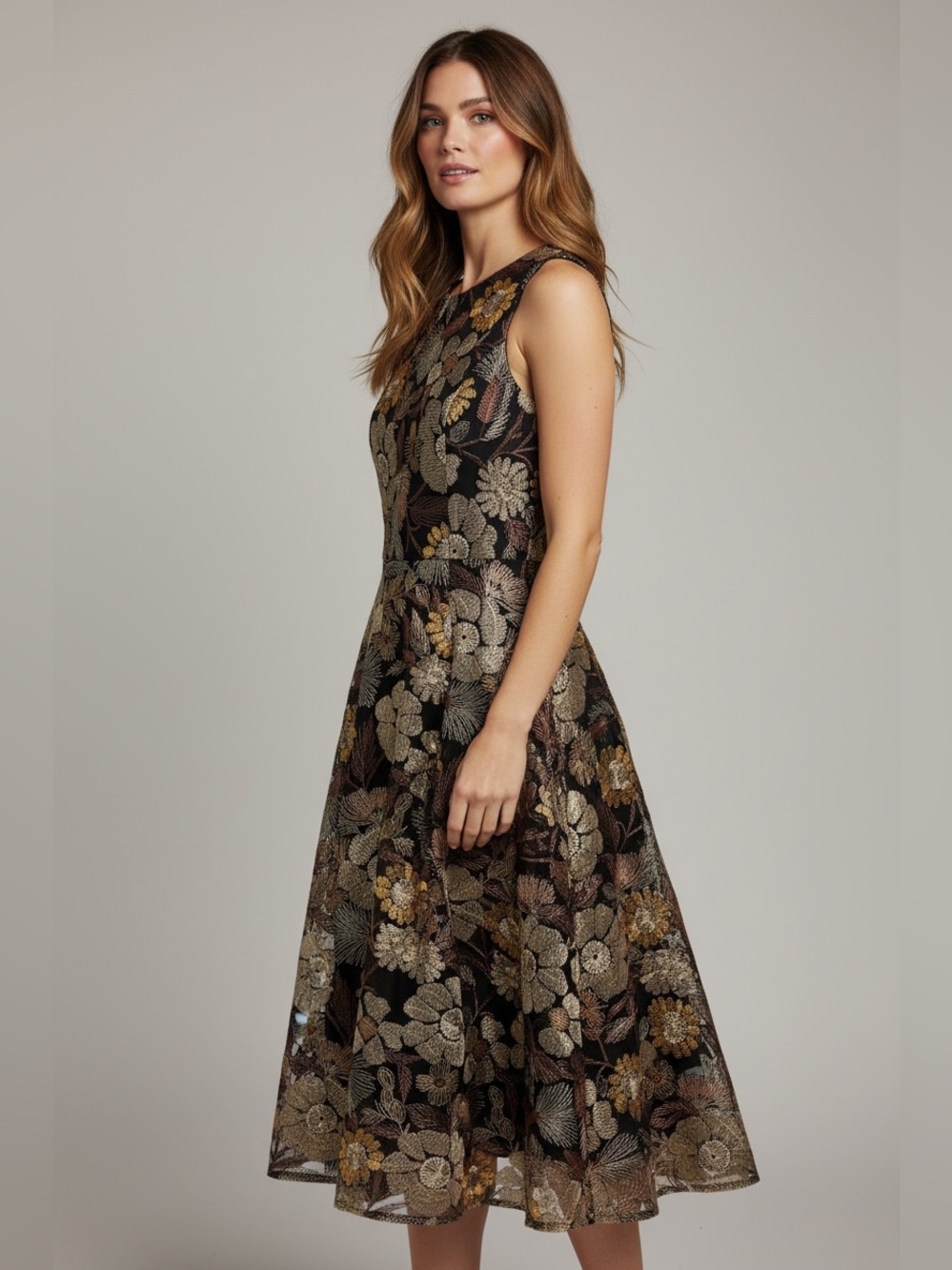 Tahari ASL Floral Embroidered Sleeveless Fit & Flare Dress - Brown/Gold - Sz 6